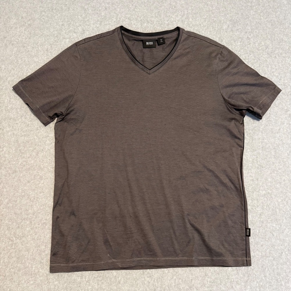 BOSS Hugo Boss Men Grey V-Neck T-Shirt Textured Ribbed Contrast Minimalist XL